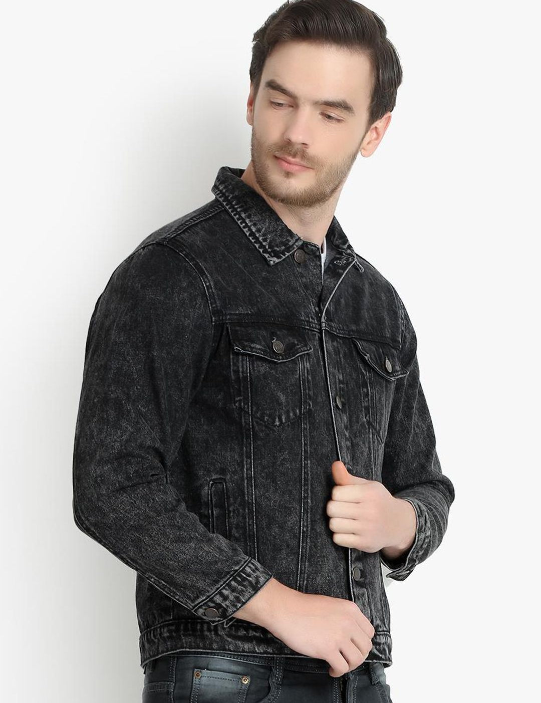 Kotty Men Black Solid Denim Jacket