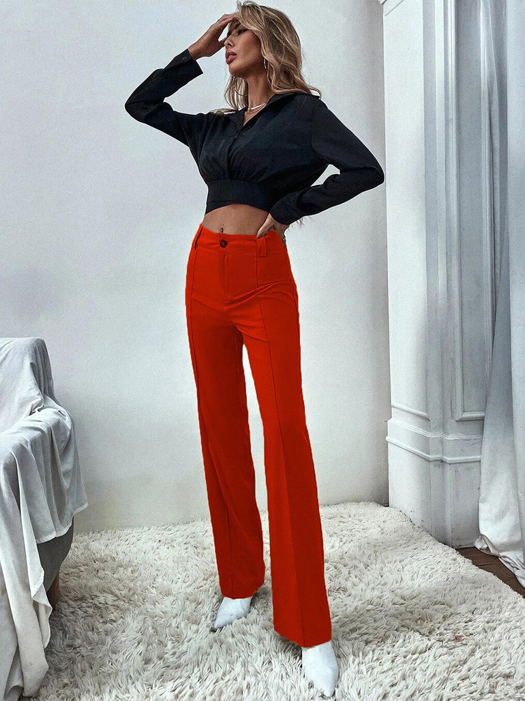 KOTTY BIZwear Women Relaxed Straight Fit High-Rise Easy Wash Parallel Trouser