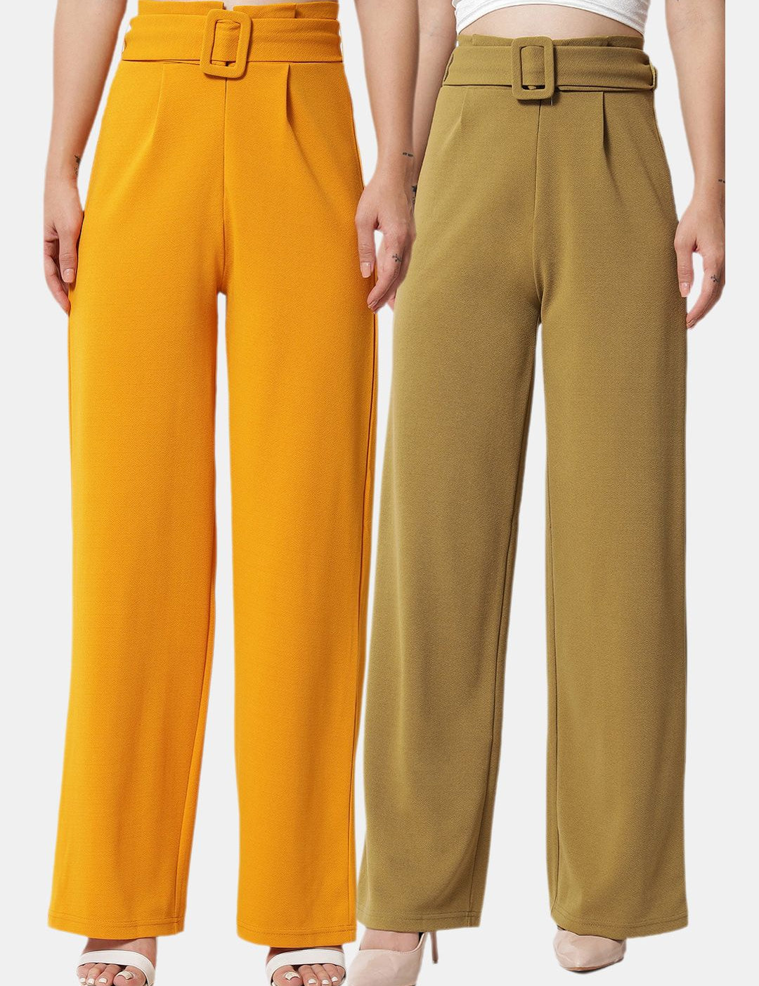 Kotty Women Pack Of 2 Relaxed Straight Fit High-Rise Easy Wash Pleated Trousers