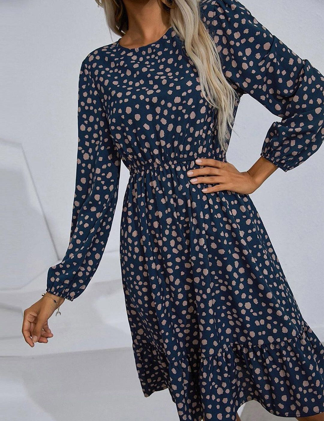 Kotty Navy Blue Floral Print Puff Sleeve Fit & Flare Dress