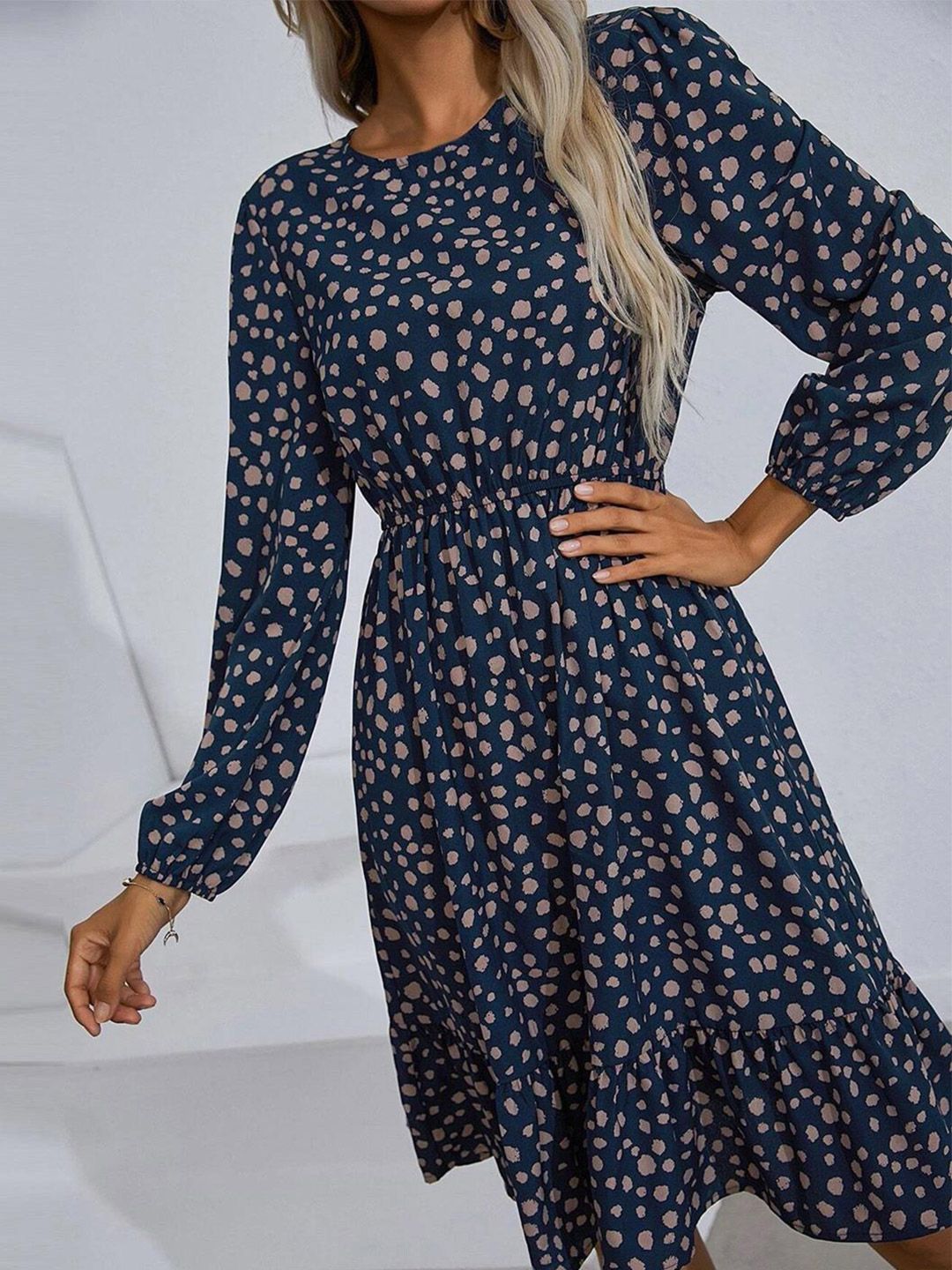 Kotty Navy Blue Floral Print Puff Sleeve Fit & Flare Dress