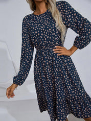 Kotty Navy Blue Floral Print Puff Sleeve Fit & Flare Dress