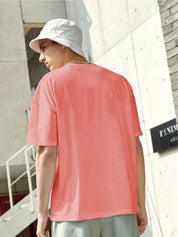 Kotty Pink Drop-Shoulder Sleeves Oversized Cotton Casual T-Shirt
