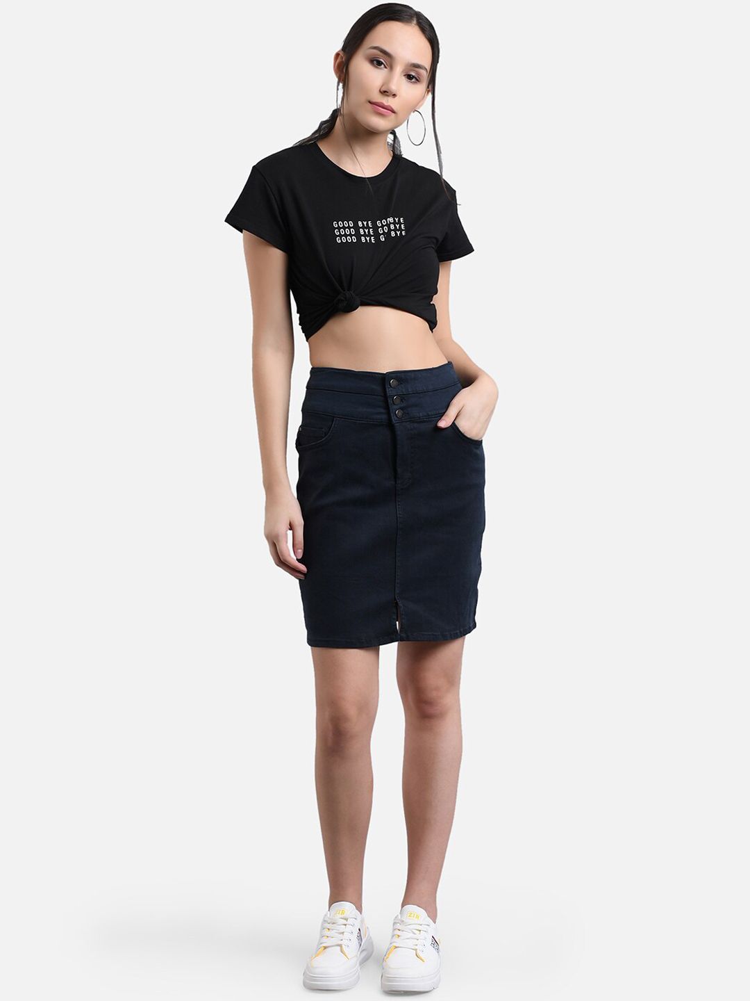Kotty Women Navy Blue Solid Denim Pencil Skirt