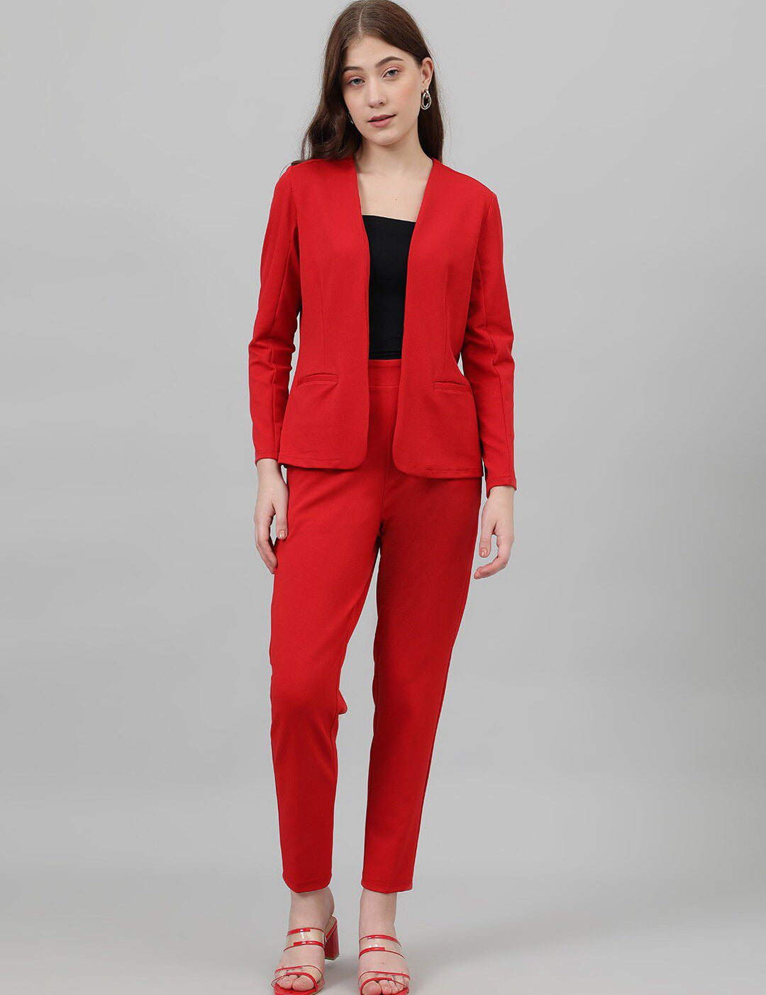 Kotty Red Collarless Long Sleeves Blazer With Trousers