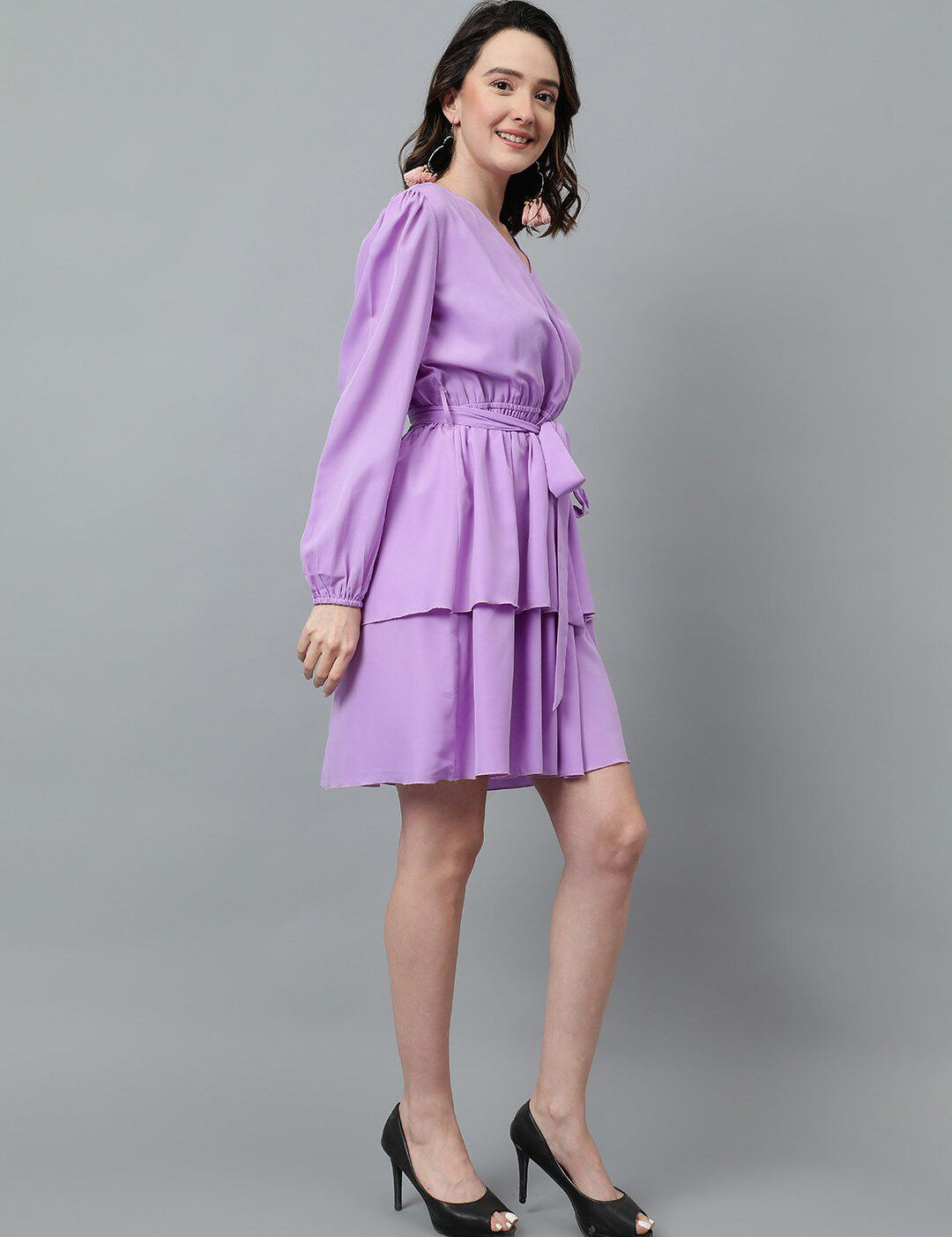 Kotty Puff Sleeved Layered Satin Wrap Dress