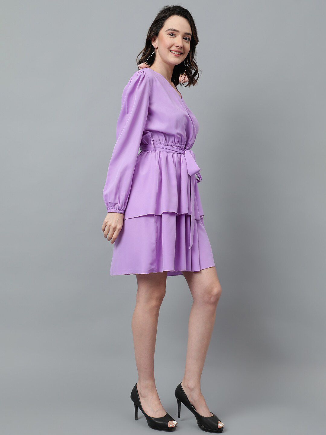 Kotty Puff Sleeved Layered Satin Wrap Dress