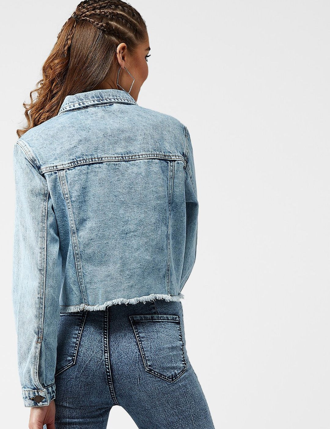Kotty Women Blue Solid Crop Denim Jacket