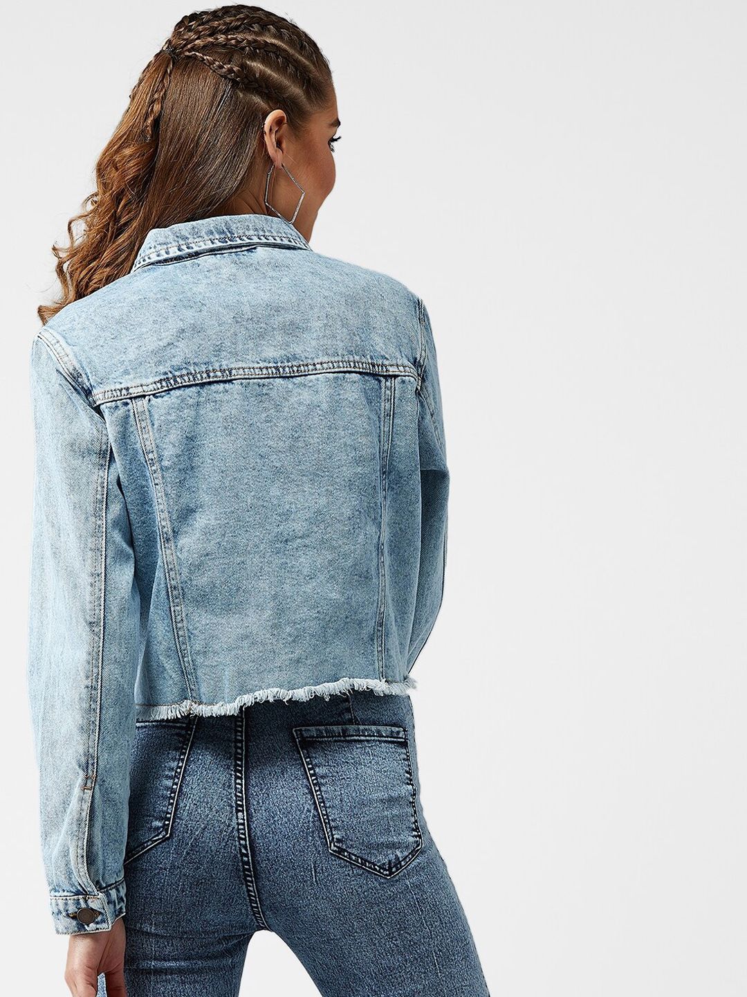 Kotty Women Blue Solid Crop Denim Jacket