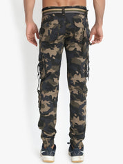 Kotty Men Beige & Green Regular Fit Camouflage Printed Cargos