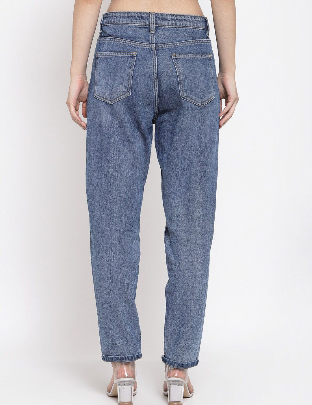 Kotty Women Blue Boyfriend Fit High-Rise Highly Distressed Light Fade Jeans