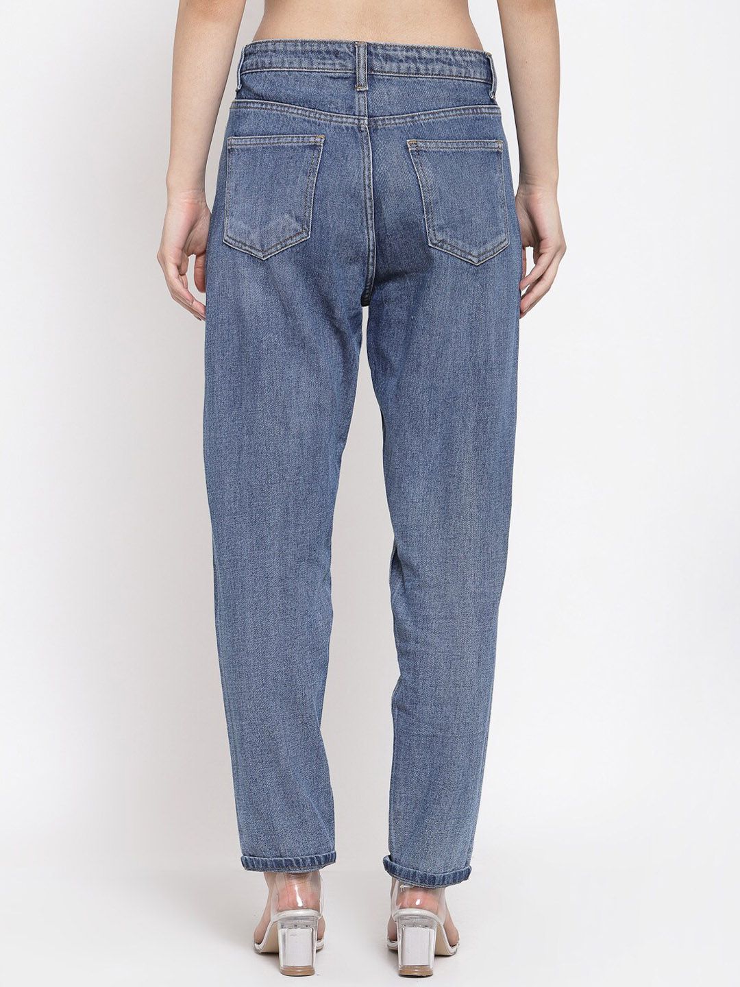 Kotty Women Blue Boyfriend Fit High-Rise Highly Distressed Light Fade Jeans