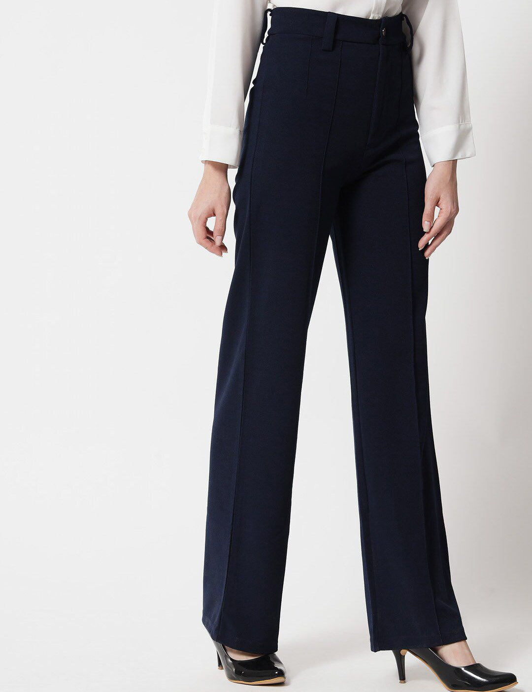 KOTTY BIZwear Women Navy Blue Relaxed Straight Fit High-Rise Pleated Trouser
