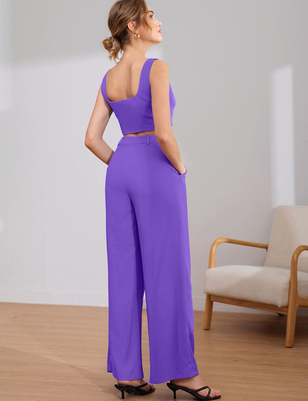 KOTTY BIZwear Square Neck Sleeveless Crop Top & Trousers