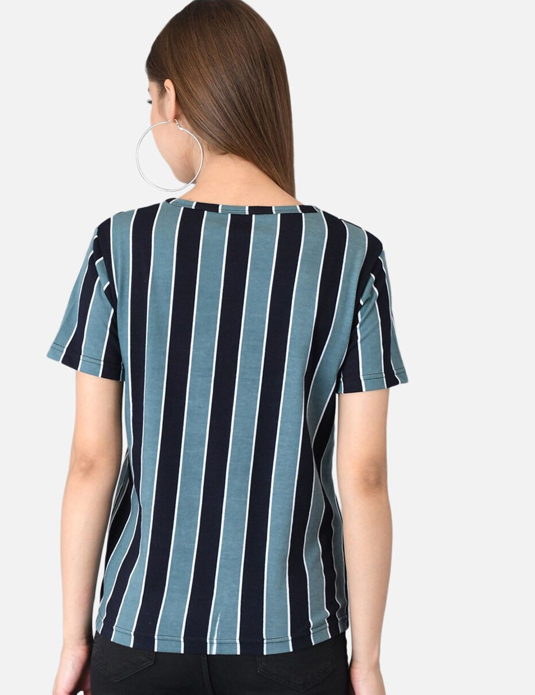 Kotty Women Blue & Black Striped Round Neck T-shirt