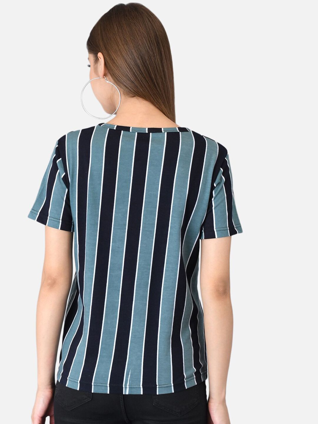 Kotty Women Blue & Black Striped Round Neck T-shirt