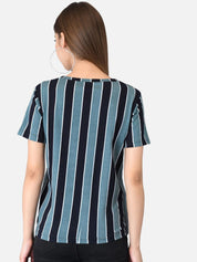 Kotty Women Blue & Black Striped Round Neck T-shirt