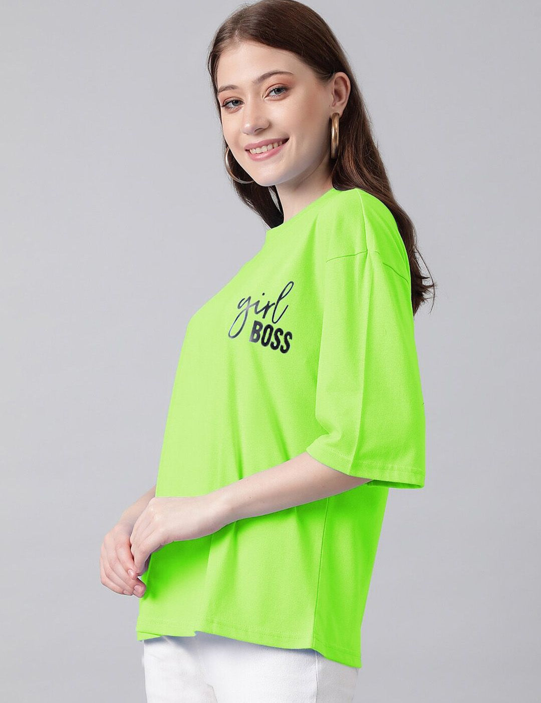 Kotty Round Neck Typography Printed Drop-Shoulder Sleeves Oversized T-shirt