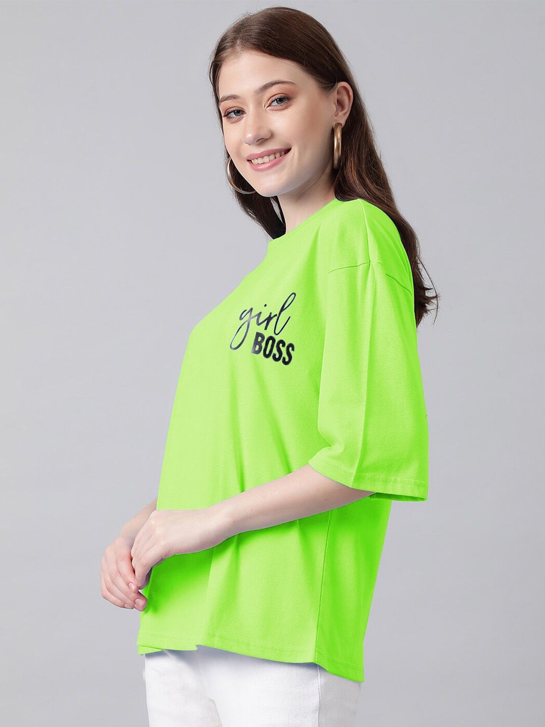 Kotty Round Neck Typography Printed Drop-Shoulder Sleeves Oversized T-shirt