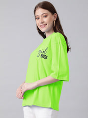 Kotty Round Neck Typography Printed Drop-Shoulder Sleeves Oversized T-shirt