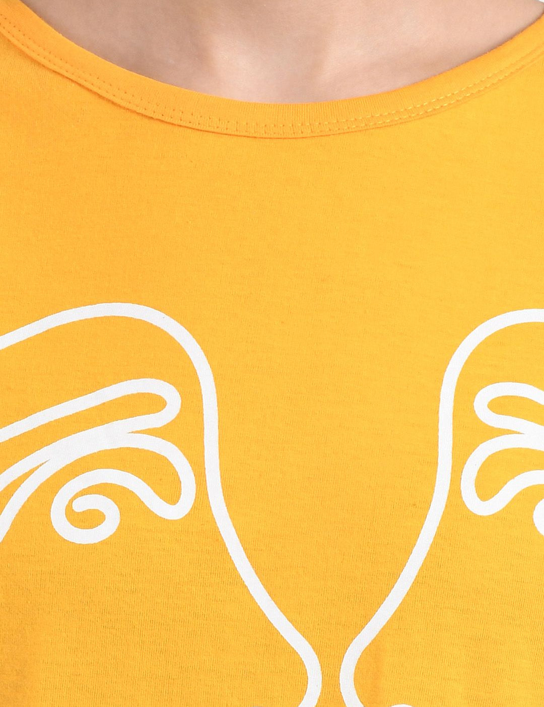 Kotty Women Yellow &White Printed Round Neck T-shirt