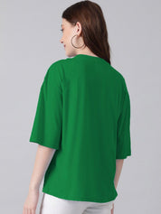 Kotty Green & Black Typography Printed Drop Shoulder Sleeves Oversized Casual T-Shirt