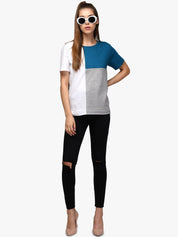 Kotty Women Blue & Grey Colourblocked Round Neck T-shirt