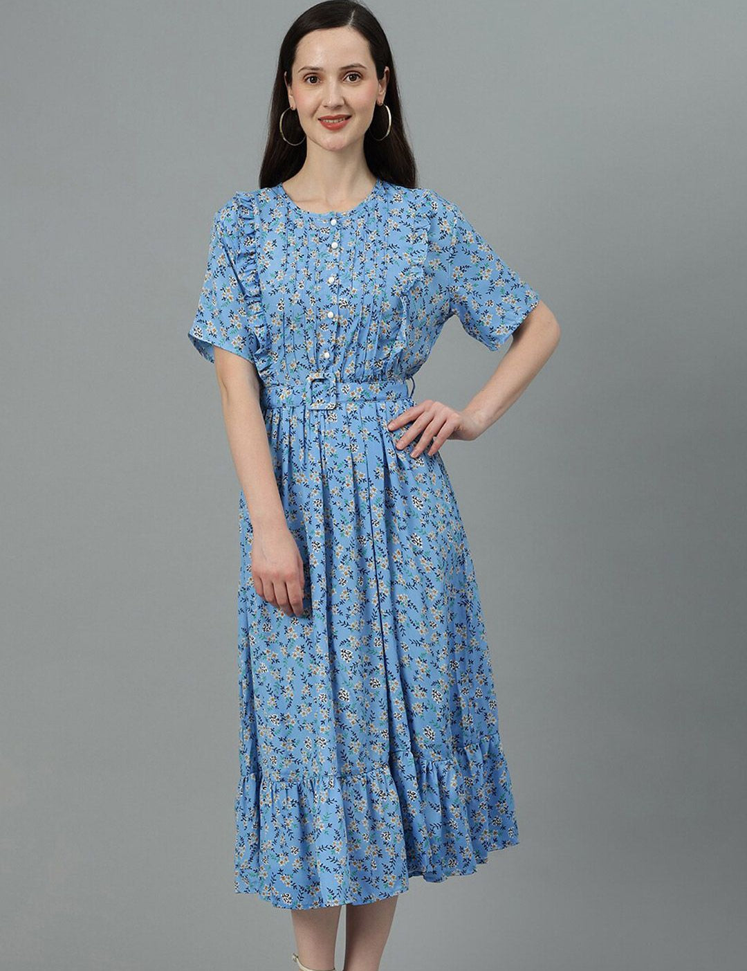 Kotty Blue Floral Print Fit & Flare Midi Dress