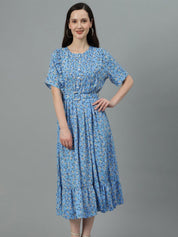 Kotty Blue Floral Print Fit & Flare Midi Dress