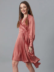 Kotty Brown Cuffed Sleeve Satin Fit & Flare Dress