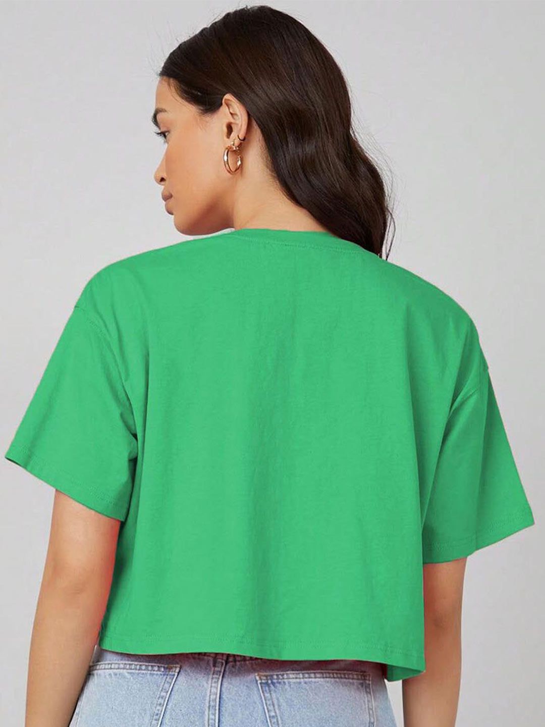 Kotty Yellow Floral Printed Round Neck Drop-Shoulder Sleeves Oversized Crop T-shirt