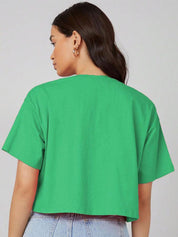 Kotty Yellow Floral Printed Round Neck Drop-Shoulder Sleeves Oversized Crop T-shirt