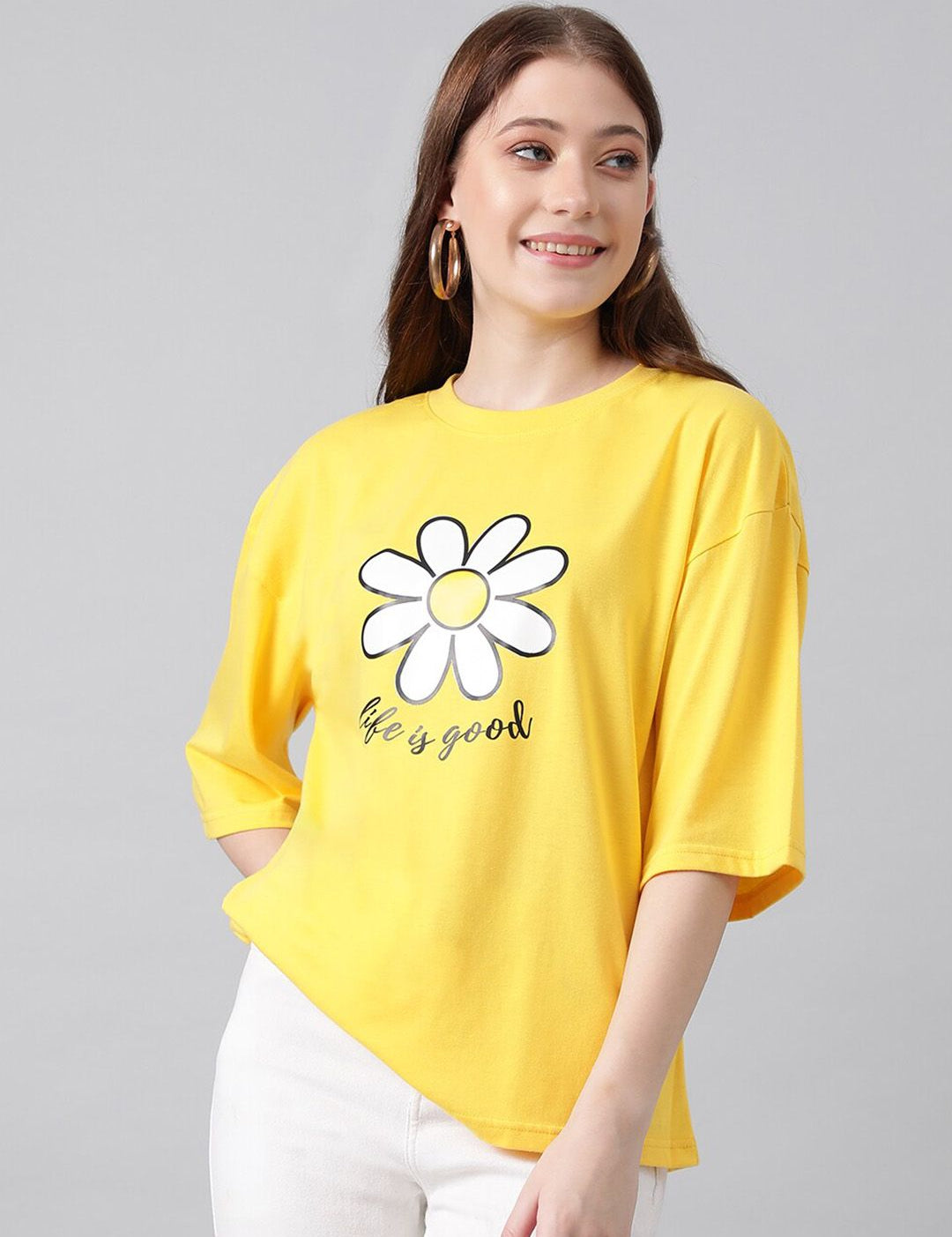 Kotty Floral Printed Drop-Shoulder Sleeves Cotton Oversized T-shirt