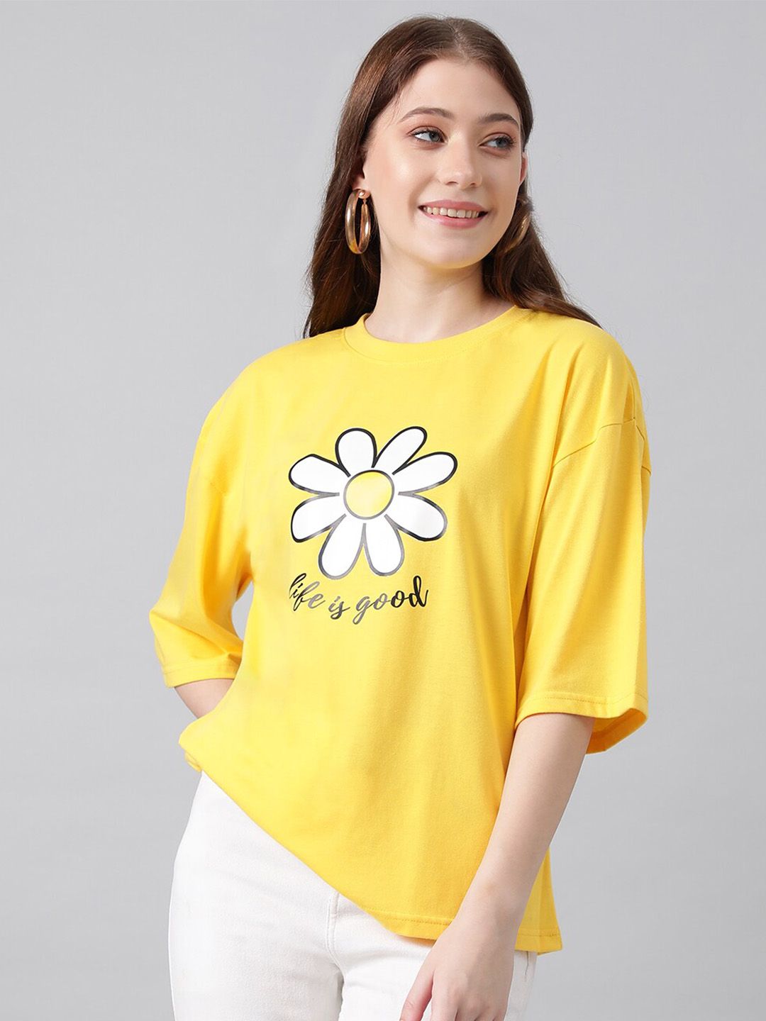 Kotty Floral Printed Drop-Shoulder Sleeves Cotton Oversized T-shirt