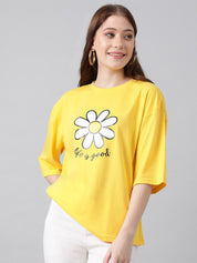 Kotty Floral Printed Drop-Shoulder Sleeves Cotton Oversized T-shirt