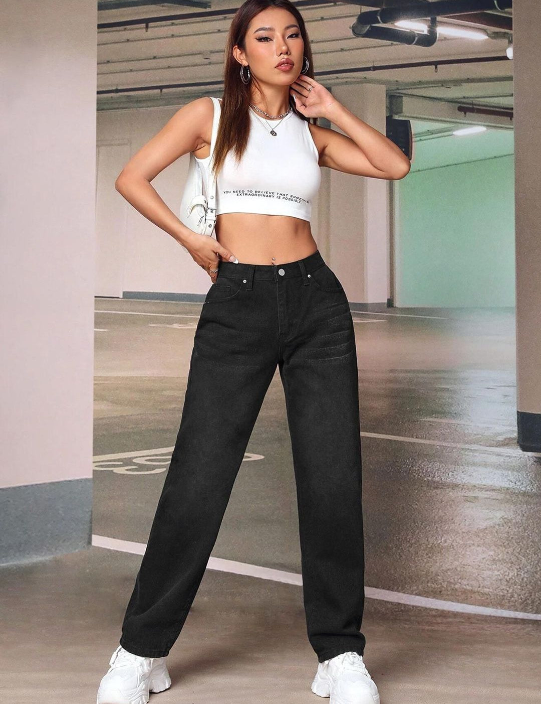 Kotty Women Wide Leg High-Rise Clean Look Light Fade Whiskers Stretchable Jeans