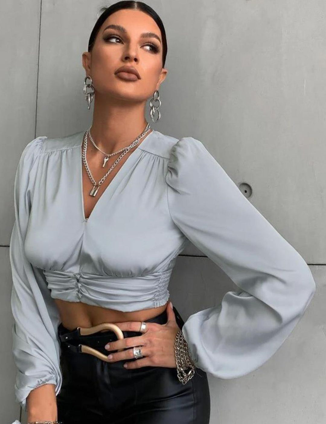 Kotty Grey V-Neck Smocked Detailed Satin Crop Top