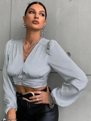 Kotty Grey V-Neck Smocked Detailed Satin Crop Top