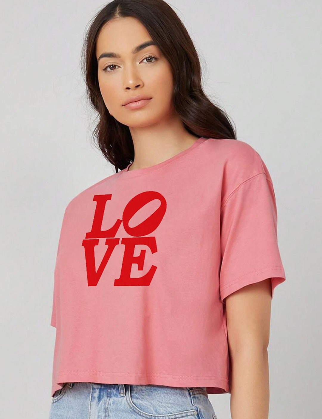 Kotty Pink Printed Round Neck Drop-Shoulder Sleeves Crop Oversized T-shirt