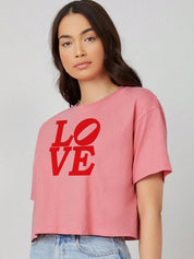 Kotty Pink Printed Round Neck Drop-Shoulder Sleeves Crop Oversized T-shirt