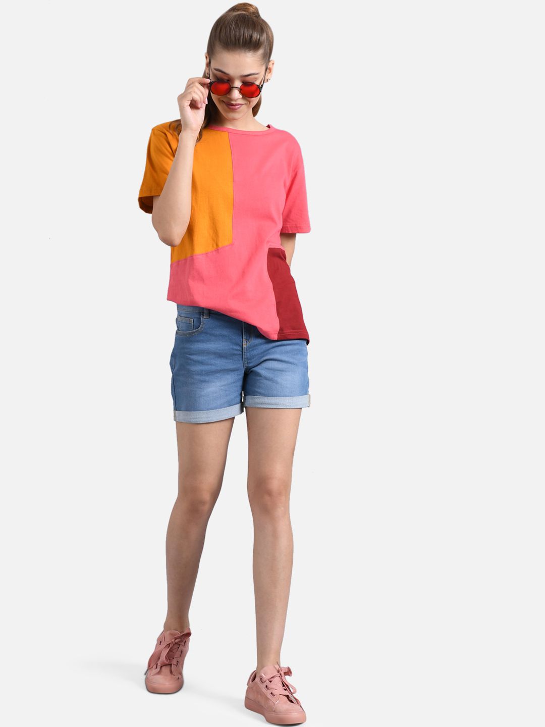 Kotty Women Pink & Mustard Yellow Colourblocked Round Neck T-shirt