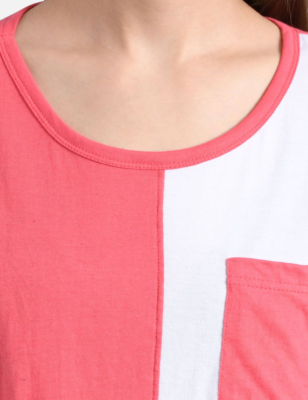 Kotty Women Coral Pink & White Colourblocked Round Neck T-shirt