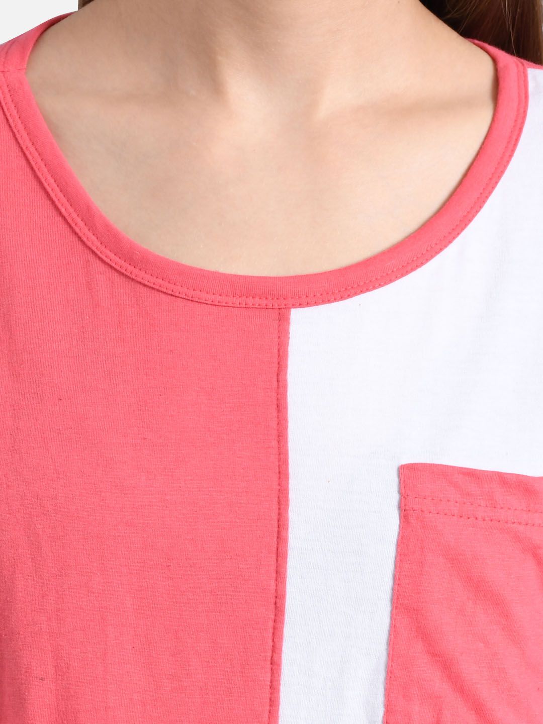 Kotty Women Coral Pink & White Colourblocked Round Neck T-shirt