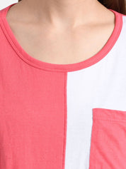 Kotty Women Coral Pink & White Colourblocked Round Neck T-shirt