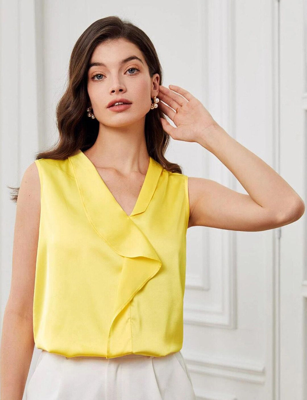 KOTTY BIZwear Yellow V-Neck Sleeveless Satin Top