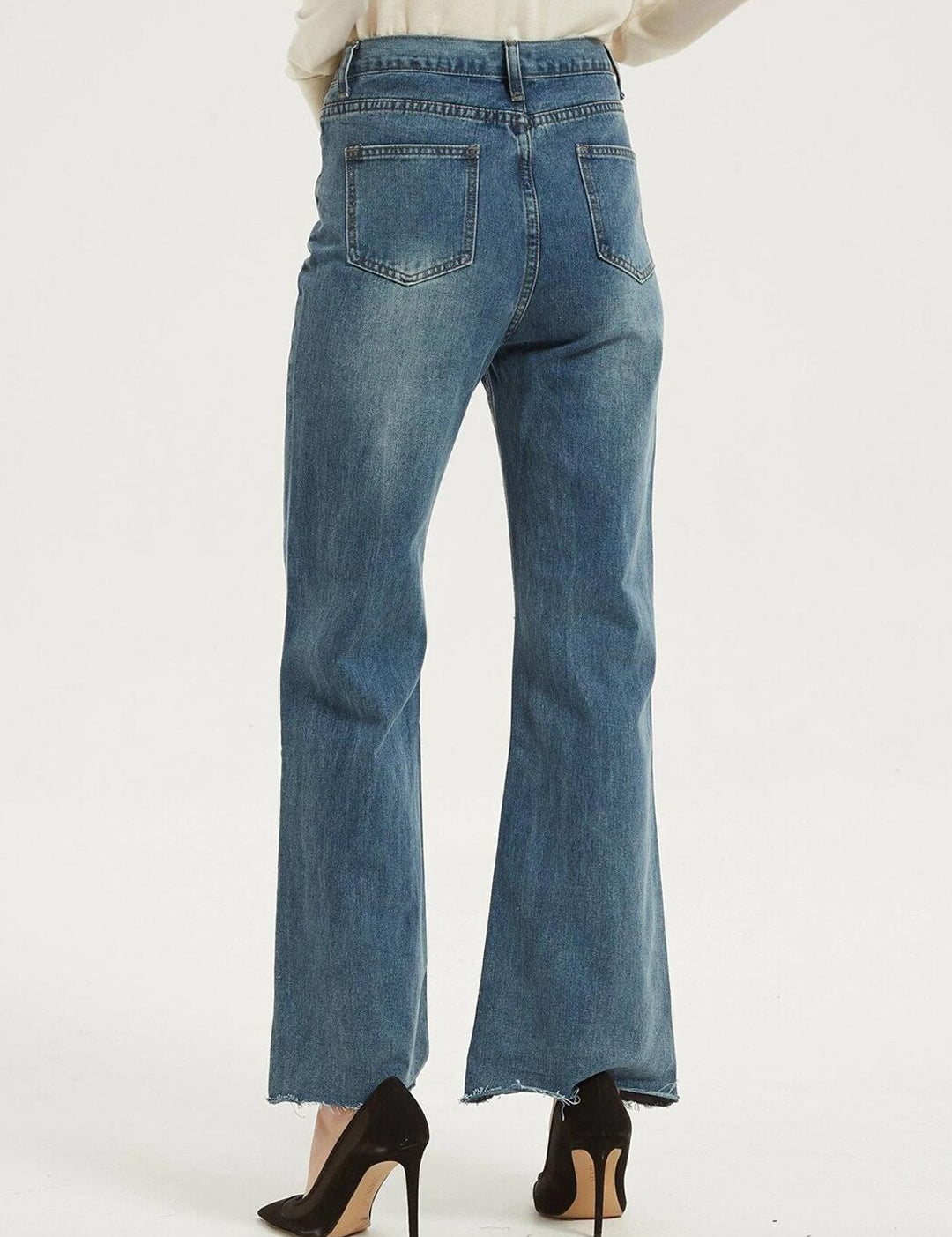 Kotty Women Blue Jean Flared High-Rise Low Distress Light Fade Stretchable Jeans