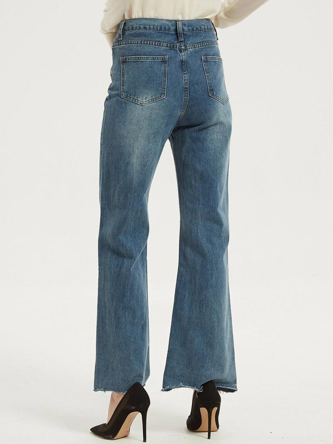 Kotty Women Blue Jean Flared High-Rise Low Distress Light Fade Stretchable Jeans