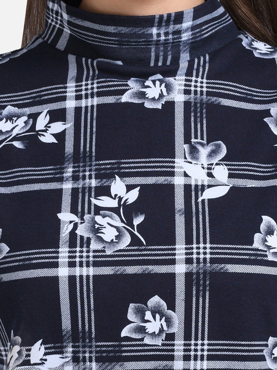 Kotty Women Navy Blue & White Floral Checked Pure Cotton Top