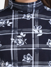 Kotty Women Navy Blue & White Floral Checked Pure Cotton Top