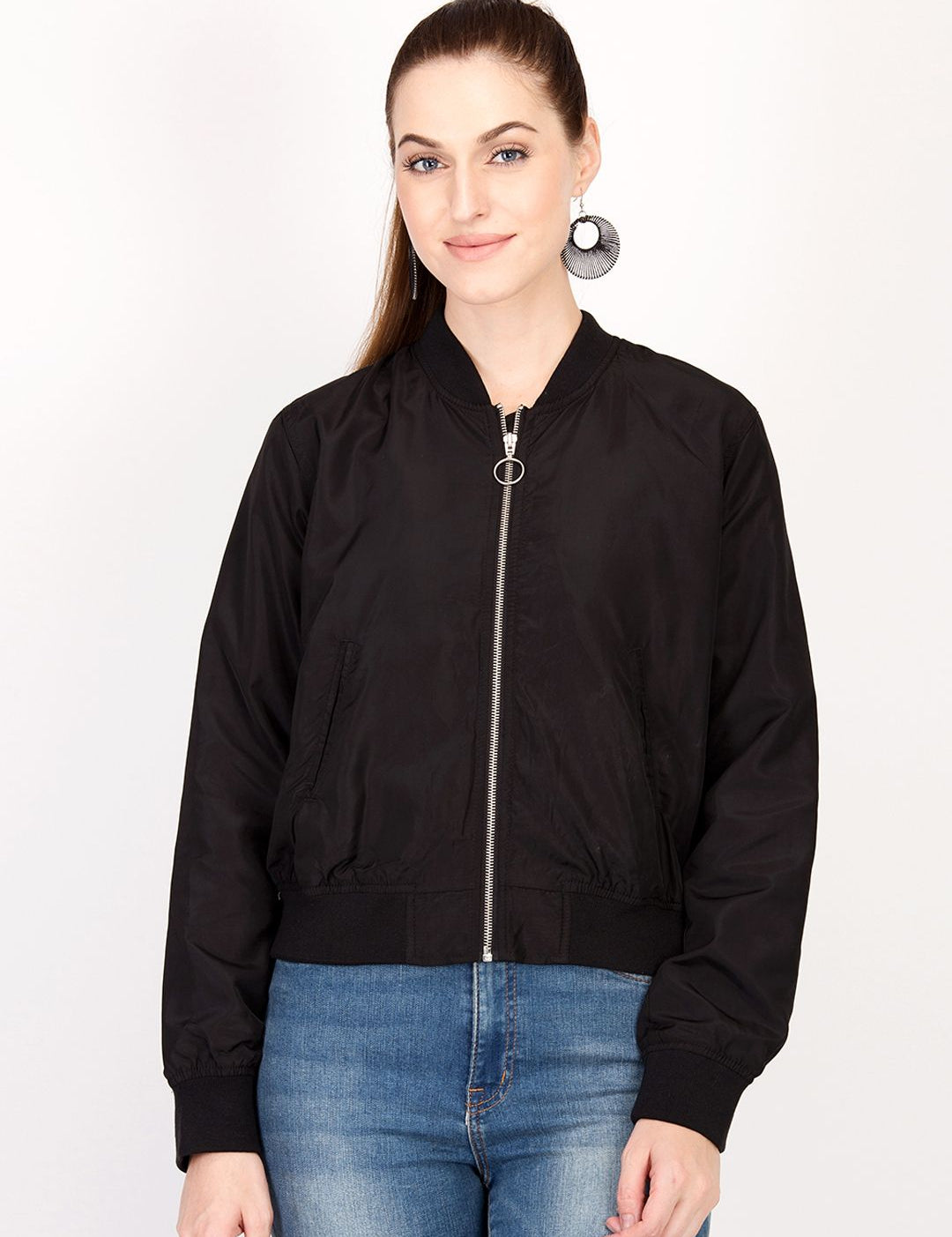 Kotty Women Black Solid Insulator Bomber Jacket